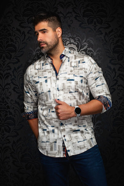Au Noir Brooklyn White Pattern Dress Shirt - Stone