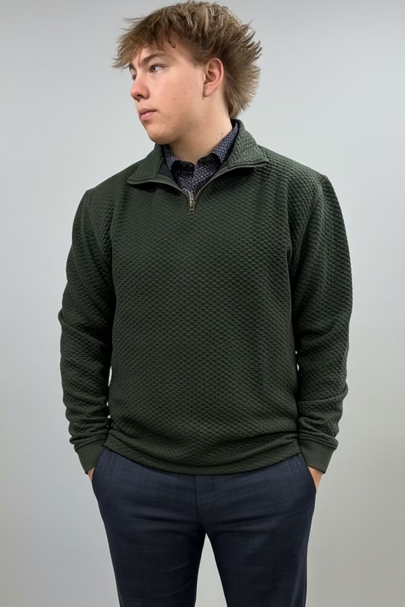 Leo Chevalier Green and Navy Textured Quarter Zip Sweater