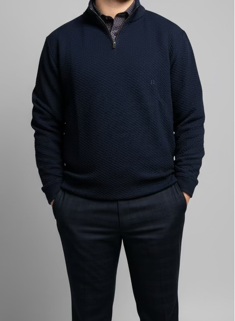 Leo Chevalier Green and Navy Textured Quarter Zip Sweater