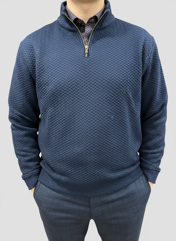 Leo Chevalier Green and Navy Textured Quarter Zip Sweater