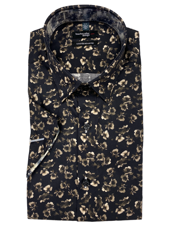 100% Cotton Leo Chevalier Fitted Short Sleeve Sport Shirt - Black 622224 0900