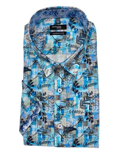 100% Cotton Leo Chevalier Fitted Short Sleeve Sport Shirt - Aqua 622231 1400