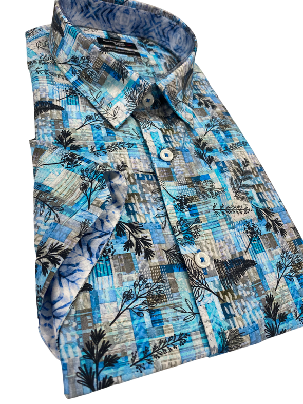 100% Cotton Leo Chevalier Fitted Short Sleeve Sport Shirt - Aqua 622231 1400