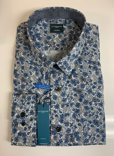Leo Chevalier Grey Floral Pattern Mens Long Sleeve Sport Shirt - 625471 3298