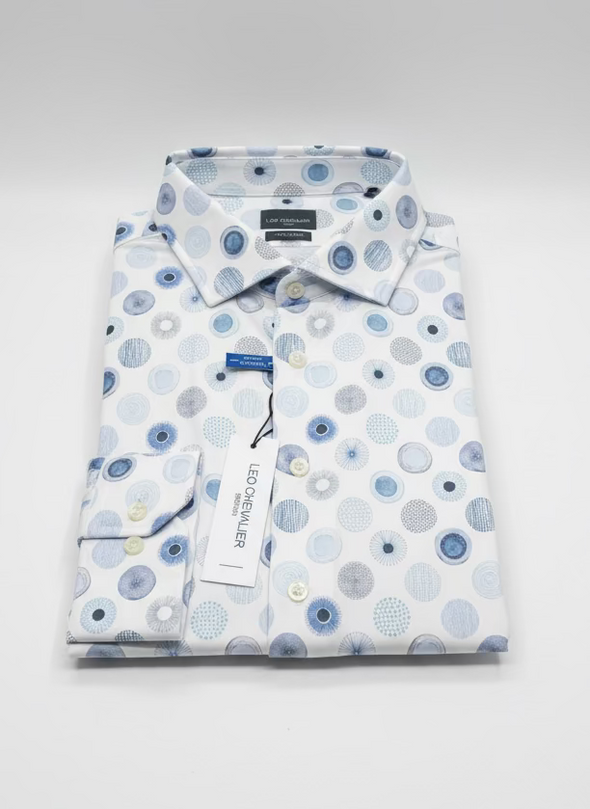 Leo Chevalier Blue and White Pattern Stretch Sport Shirt - 625422/QT 0198