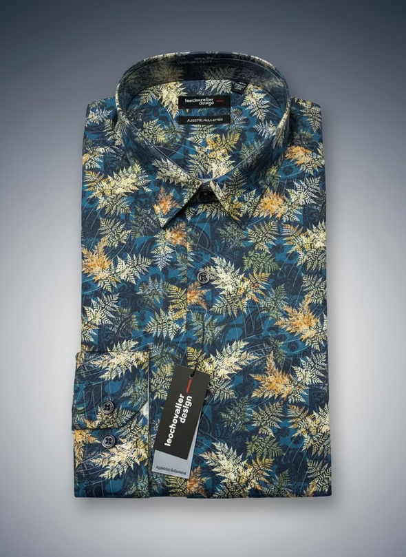 Leo Chevalier Long Sleeve Tapered Fit Sport Shirt - 623223 1698 Blue Leafy