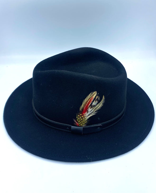 MAGILL Black Fedora with Leather Band and Feather