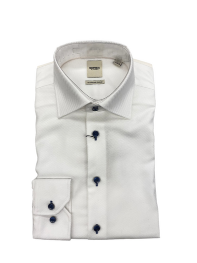 Serica Classics Semi Tapered 100% Cotton Textured Dress Shirt White/Blue Button - C2459114 15