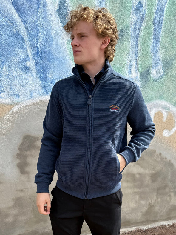 Ethnic Blue Textured Navy Full Zip Sweater - 90030F