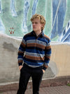 Ethnic Blue Striped Quarter Button Sweater - 90881C
