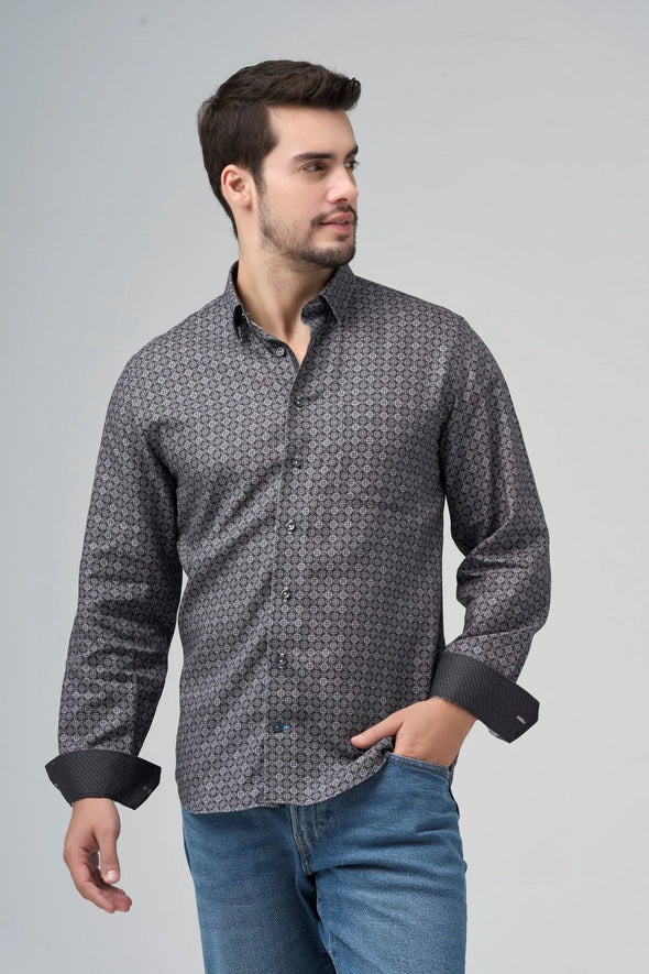 Leo Chevalier Long Sleeve Hidden Button Down Non-Iron Sport Shirt *Tall Sizes* Grey Print - 623450 3698