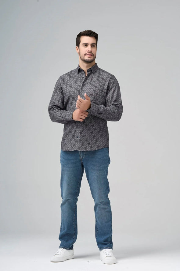 Leo Chevalier Long Sleeve Hidden Button Down Non-Iron Sport Shirt *Tall Sizes* Grey Print - 623450 3698