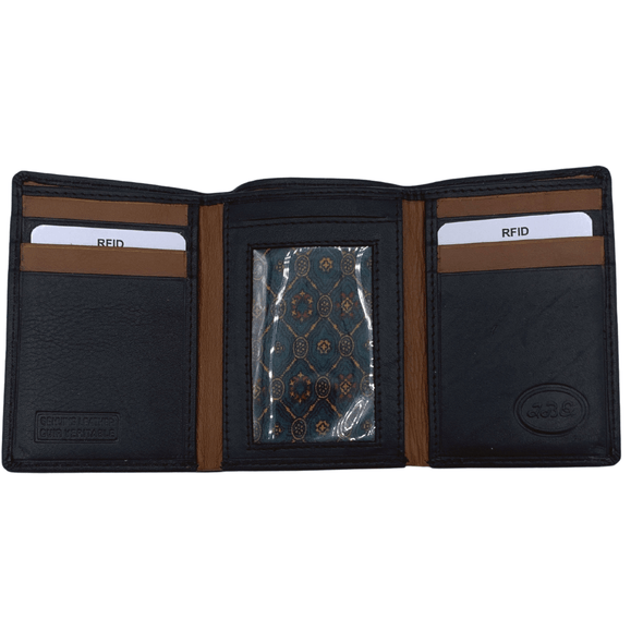 Black & Tan Trifold Wallet Featuring ID Window and 9 Credit Card Slots Made with Genuine Leather - TF