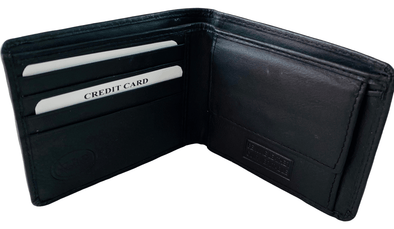 Black Bifold Wallet Featuring Snap Closure Coin Pouch Made with Genuine Leather