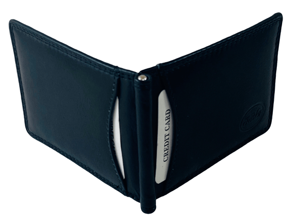 Black Bifold Wallet Featuring Front Credit Card Slots and Money Clip Made with Genuine Leather