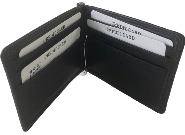 Black Bifold Wallet Featuring Front Credit Card Slots and Money Clip Made with Genuine Leather
