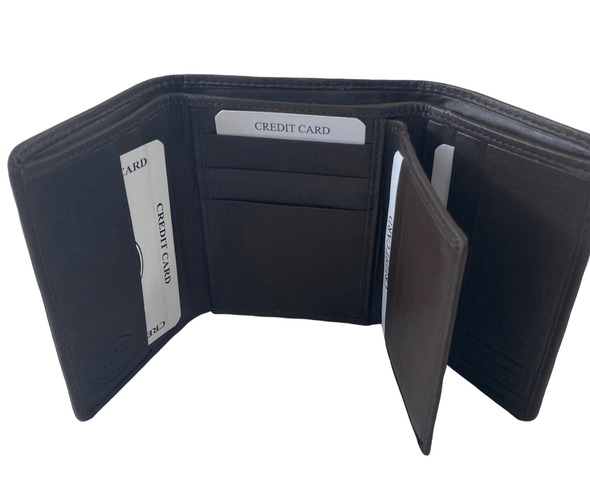 Brown Trifold Wallet Featuring ID Window, 12 Credit Card Slots with Genuine Leather