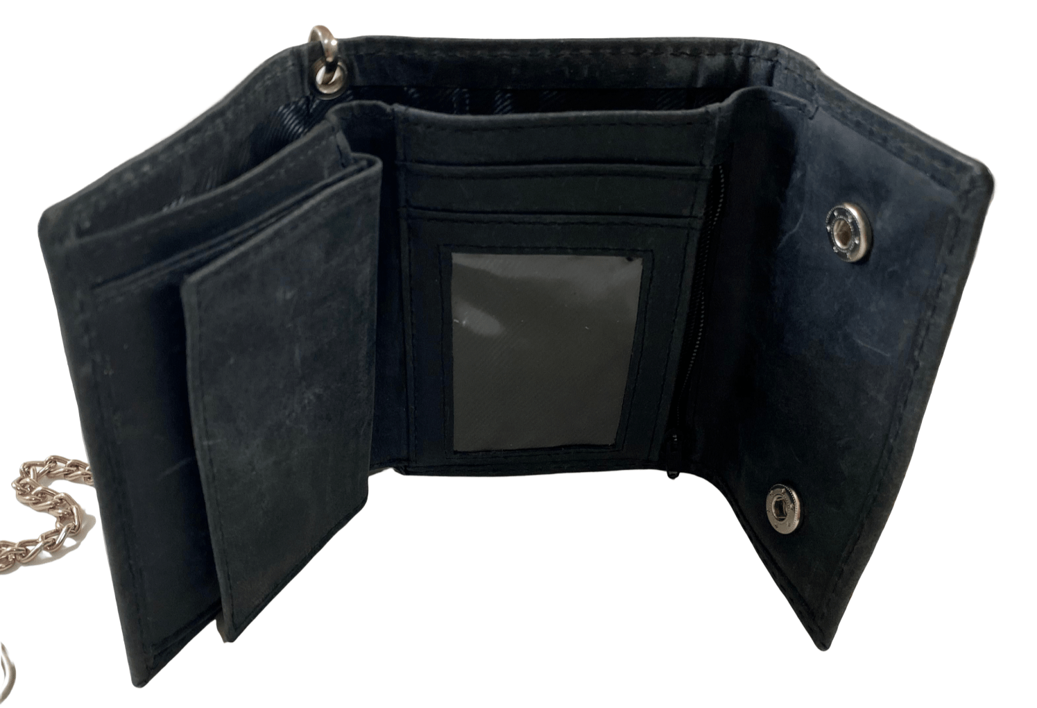 Black Suede Trifold Wallet Featuring Snap Closure Coin Pouch and Chain