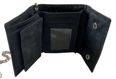 Black Suede Trifold Wallet Featuring Snap Closure Coin Pouch and Chain Made with Genuine Leather