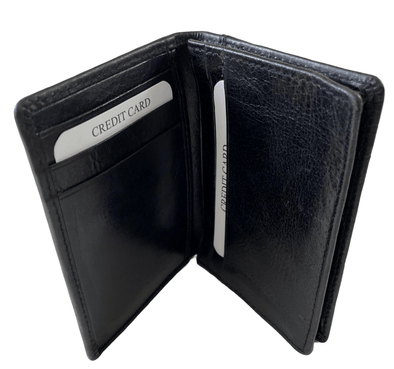 Black Bifold Slim Card Holder with ID Window Made with Genuine Leather
