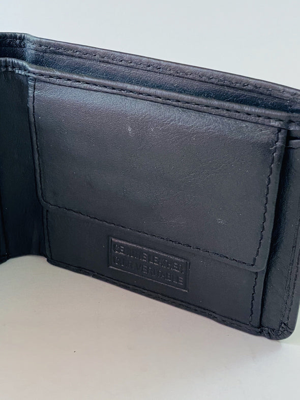 Black Bifold Wallet Featuring Snap Closure Coin Pouch Made with Genuine Leather